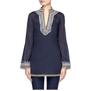 Tory Burch Navy Embroidered Tunic with Gold & White Trim